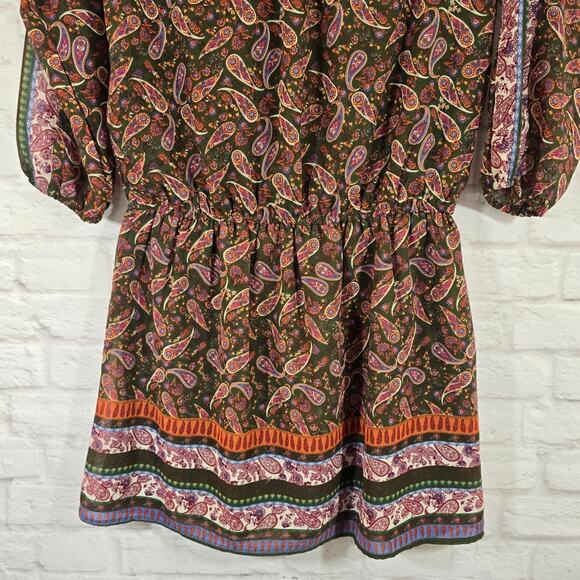 M Midnight Sky Paisley Print Mini Dress Women's Size M Sheer Long Sleeve Green - Picture 9 of 11